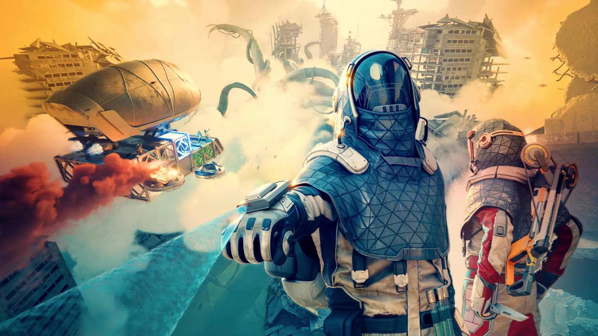 z4dbsmh5hnswjsgibvew5b-1 Key art for Forever Skies, showing two individuals in front of a background of tall buildings.