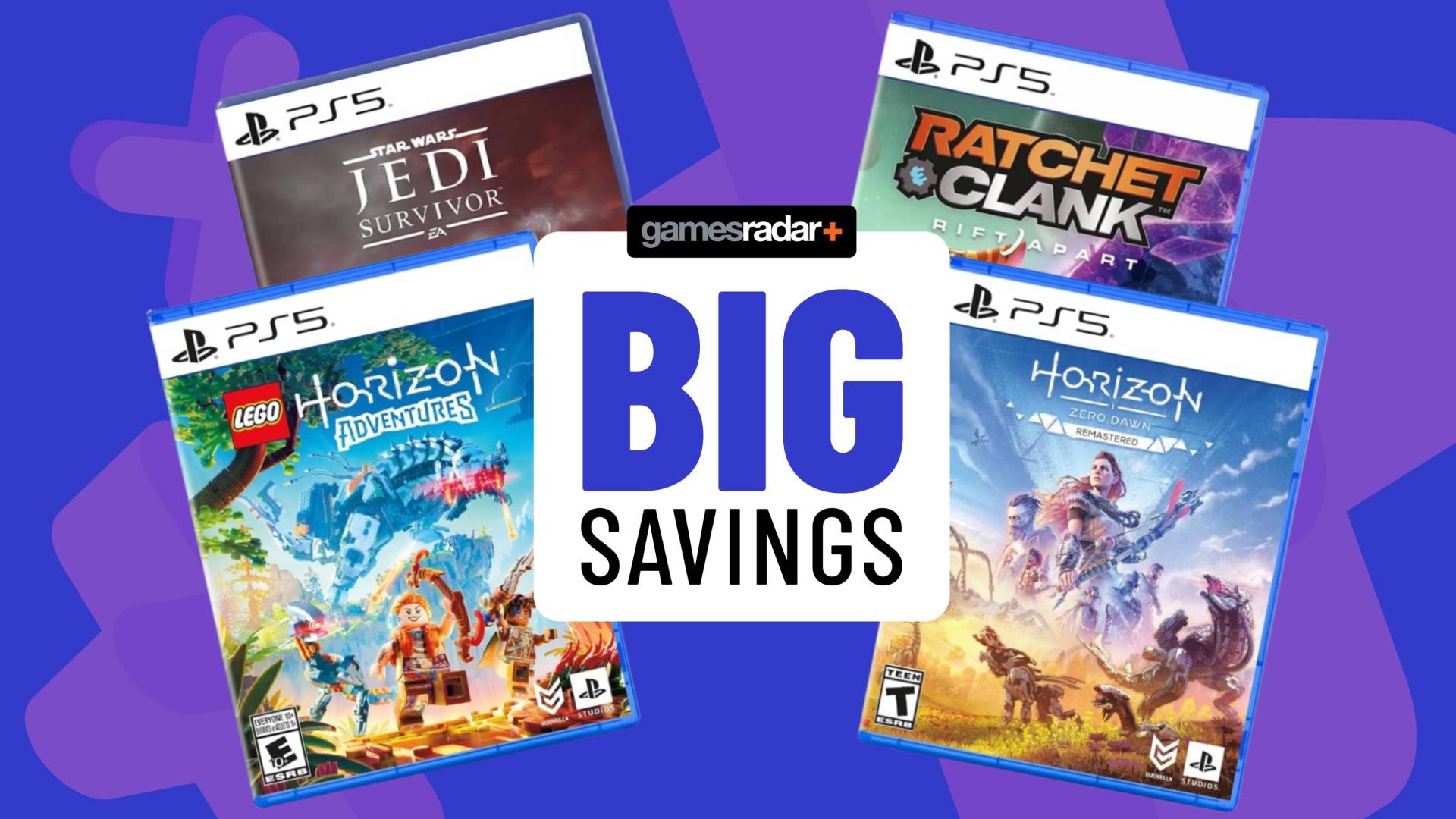 Image of the PS5 box art for Horizon Zero Dawn Remastered, Lego Horizon Adventures, Ratchet and Clank Rift Apart, and Jedi Survivor, with a blue GamesRadar background.