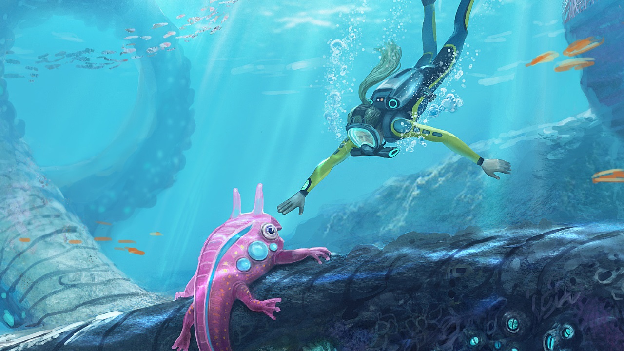 Subnautica screenshot shows a diver underwater reaching out to a small pink alien creature
