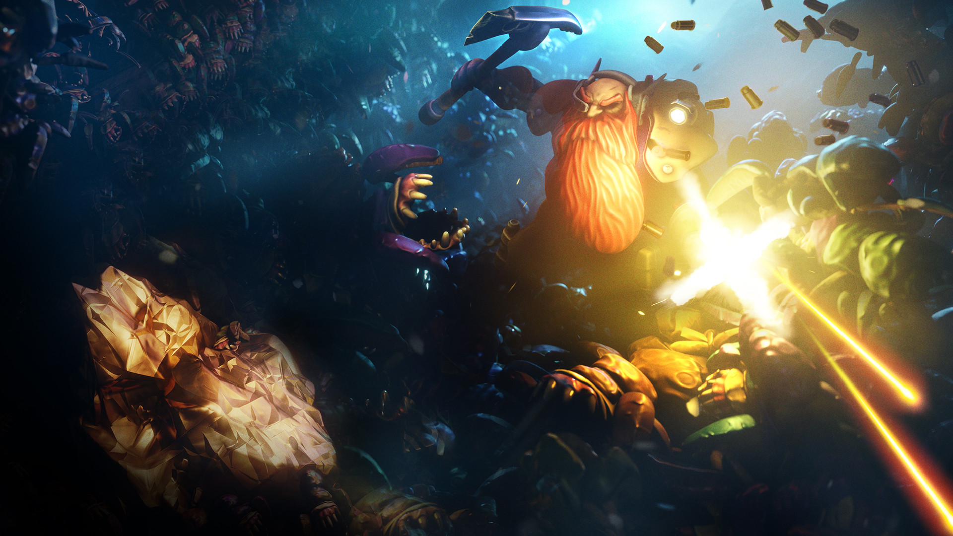 A space dwarf fires a gun toward an unknown threat in Deep Rock Galactic Survivor key art