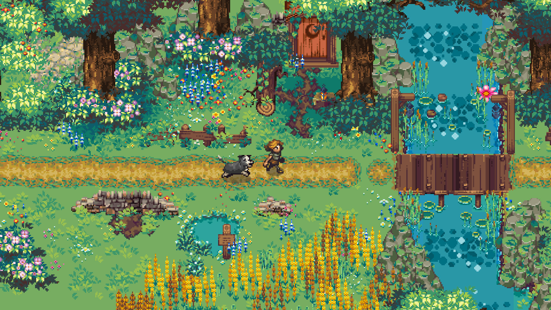 A boy running with a dog along a path during the farming game, Kynseed.