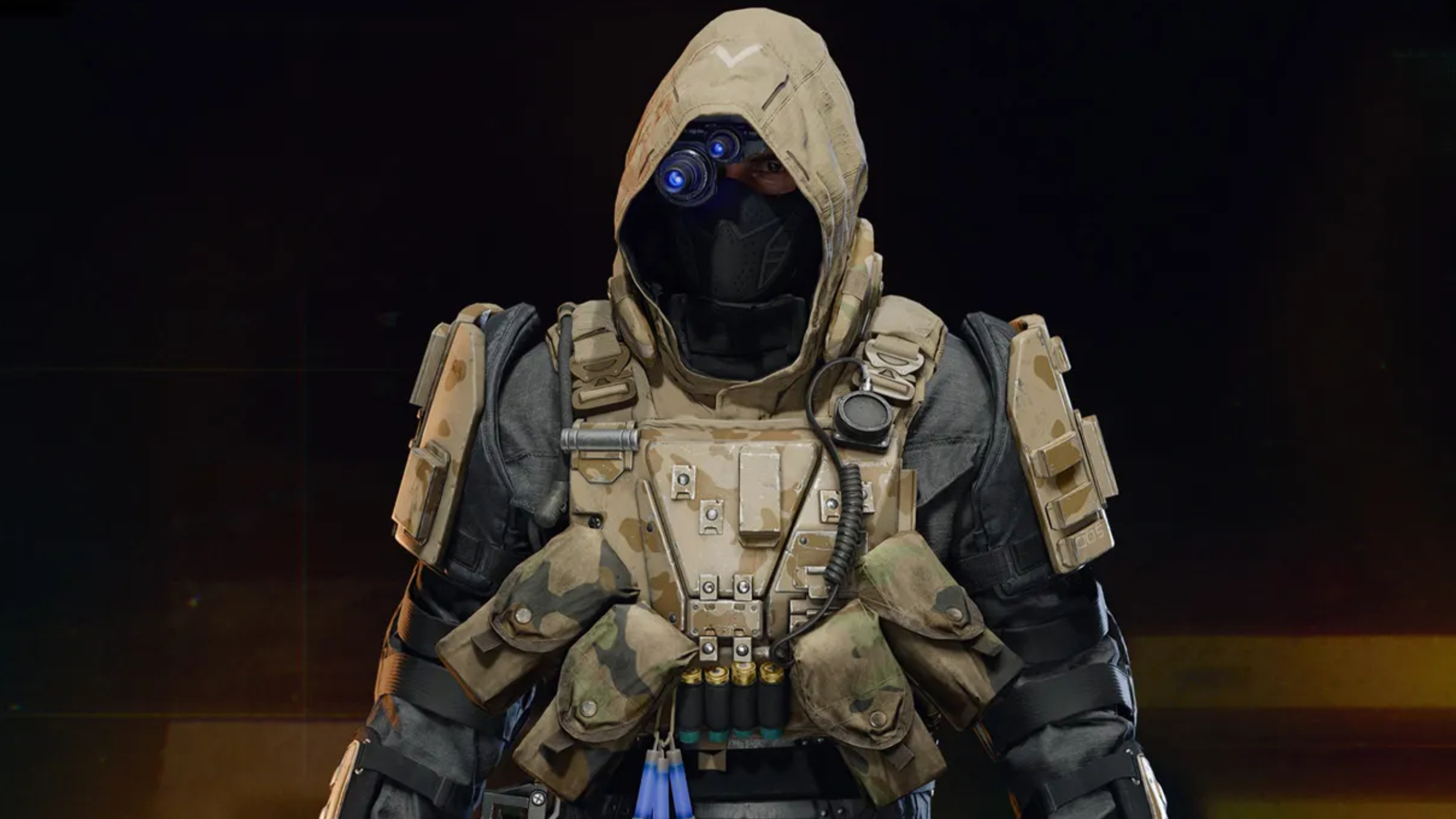 BO6 Monolithic Suppressor unlock - An operator wearing a tan hood and armour, with high-tech goggles on.
