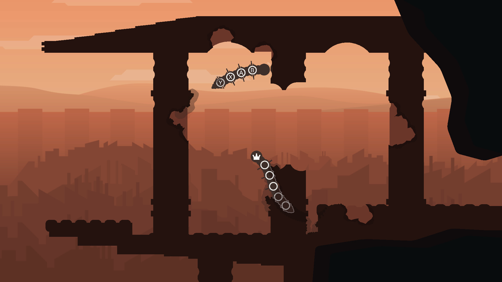Mecha worms glide around a 2D landscape.
