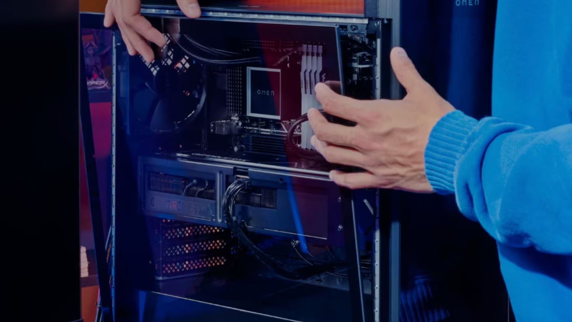A photo of a PC with HP Omen components in it