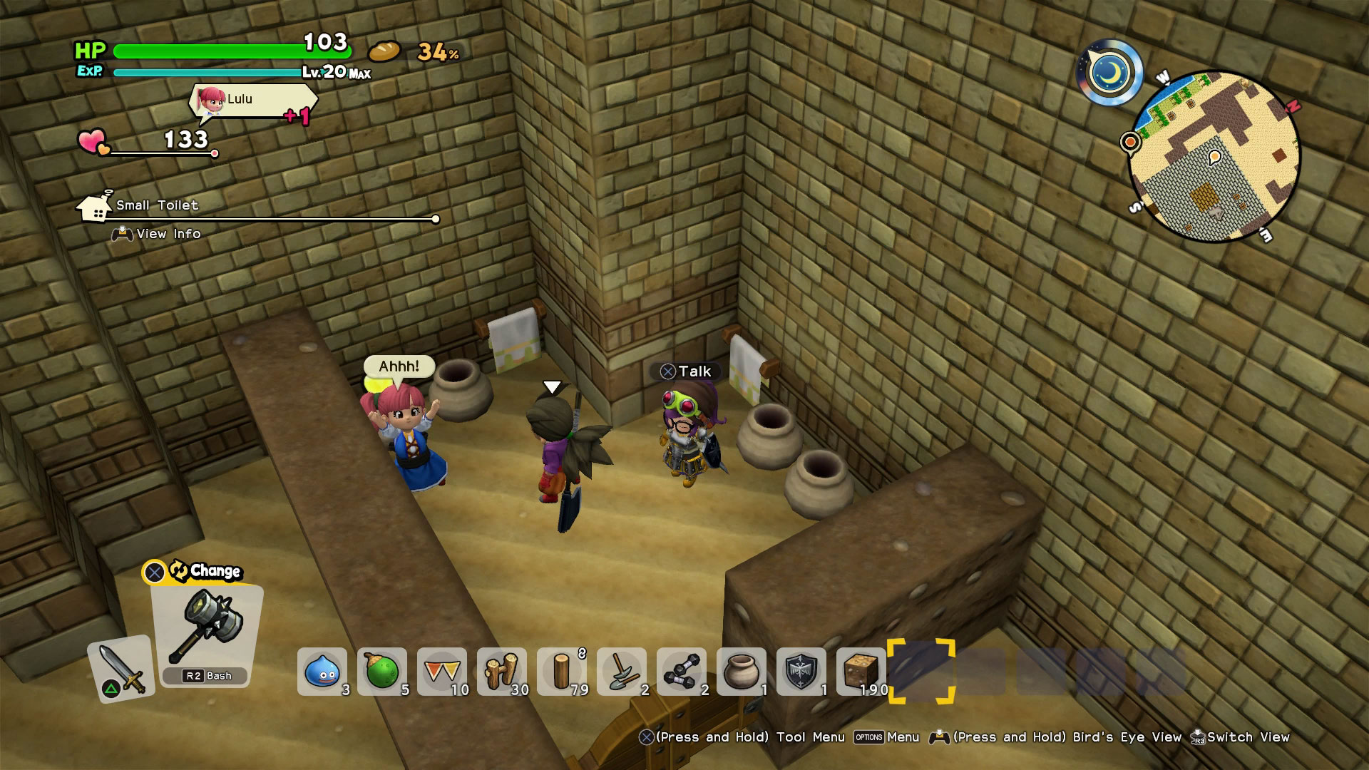 Dragon Quest builders 2 screenshot shows characters in a makeshift building decorated with pots