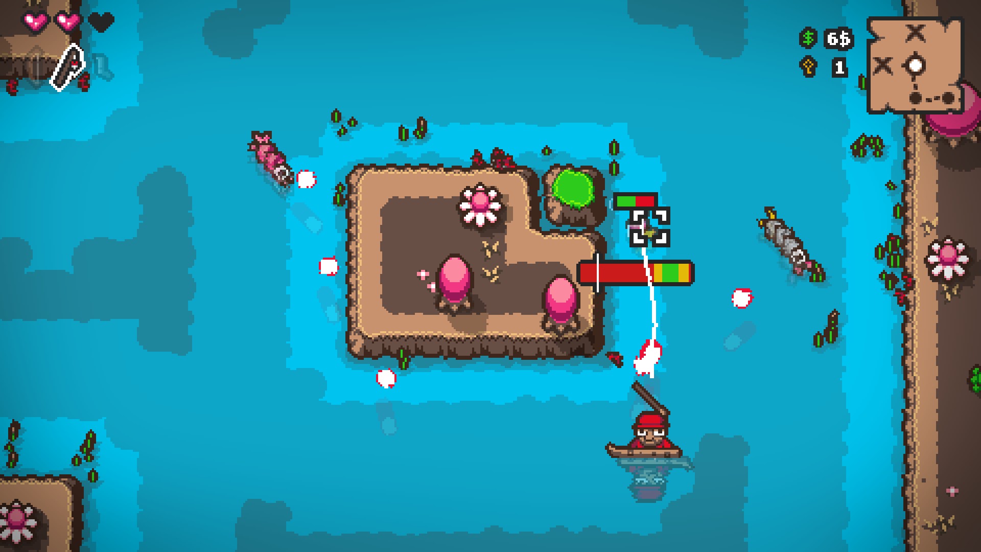 A fisherman wrangles with an unruly fish in Lake of Creatures, a fishing roguelike by Antenna Games.