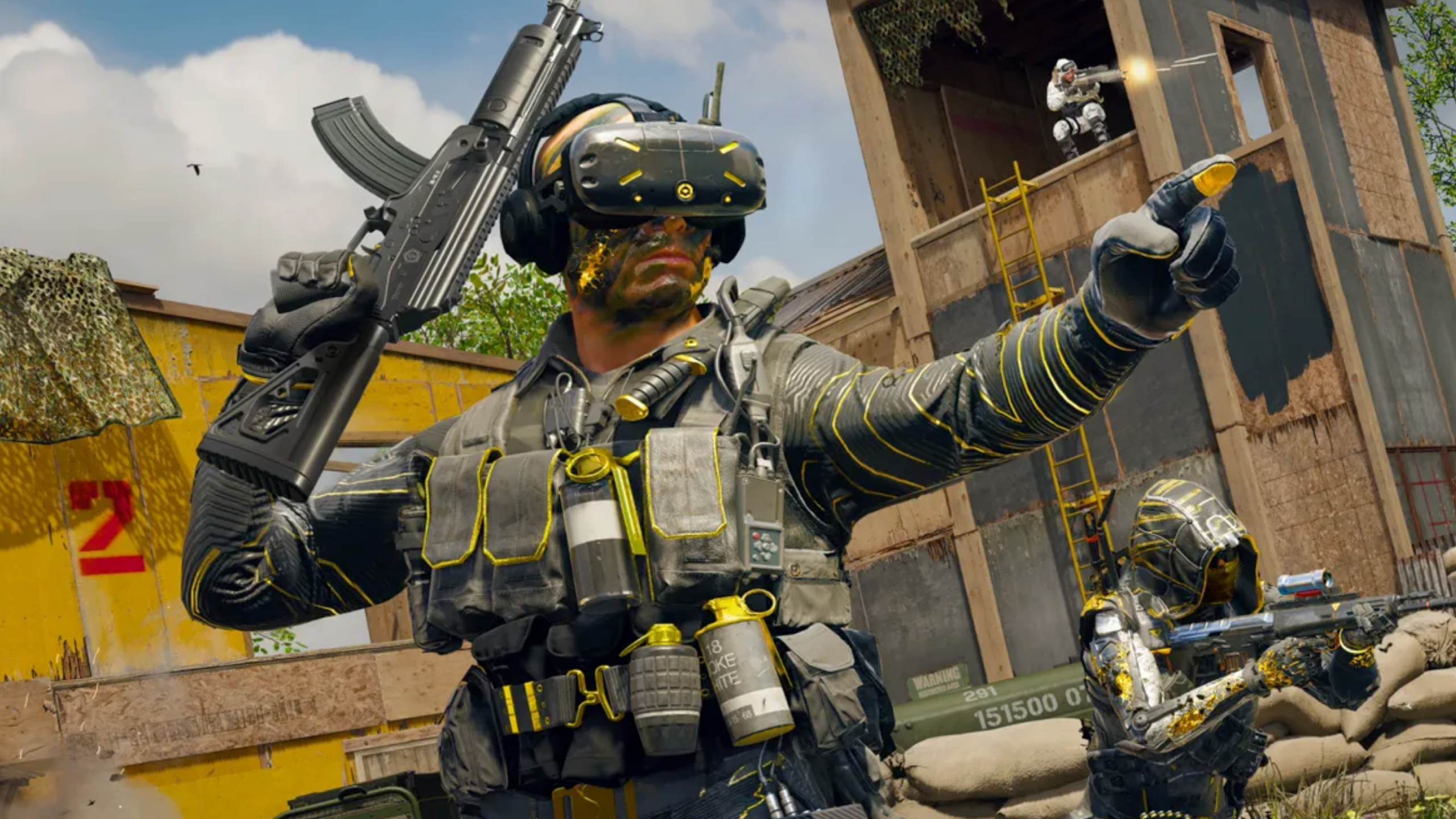 Warzone thermite unlock - A soldier with a large visor pointing to the right while holding their gun up in the air with their other hand.