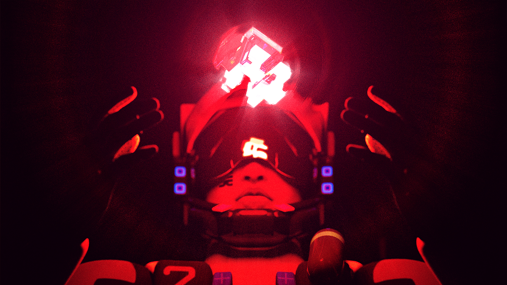 Marathon: A Runner reaching out two hands towards a red glowing object during key art for the upcoming game, Marathon.