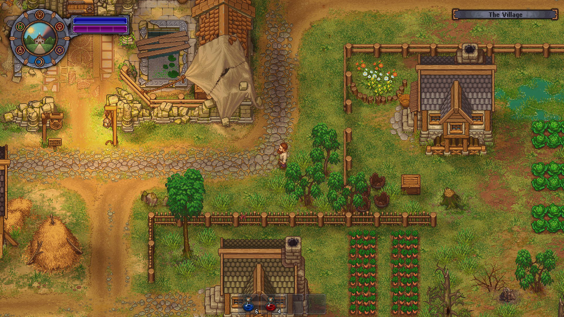 A screenshot of the graveyard keeper's house and farm during the Graveyard Keeper.