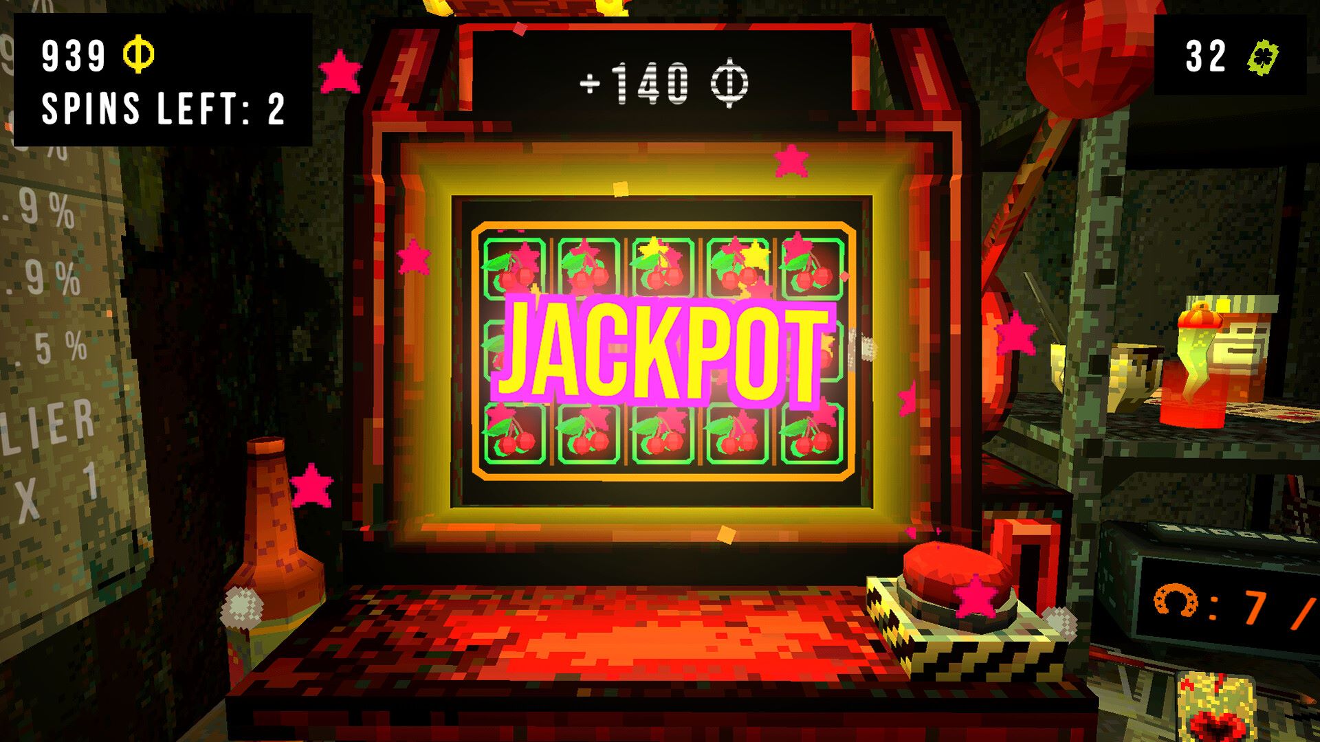 Screenshot from CloverPit, showing a first-person view of a slot machine with a shining 'Jackpot' announcement lit up.