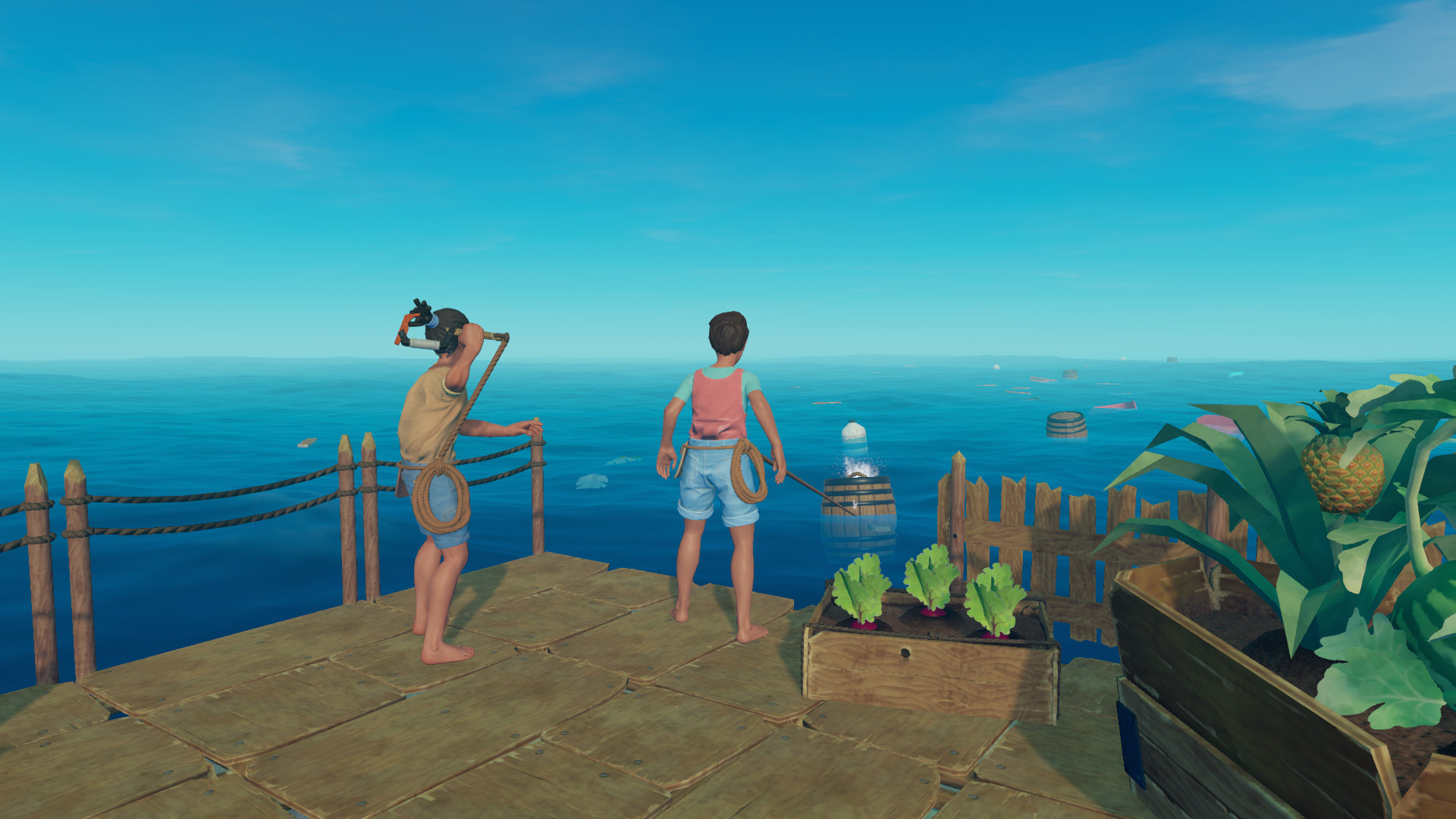 Raft screenshot of two characters at sea.