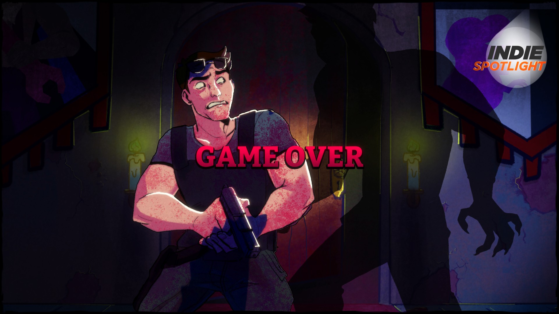 Creepy Redneck Dinosaur Mansion 3 screenshot of J.J. Hardwell standing with a handgun and looking warily at the shadow of Evil J.J. looming behind him