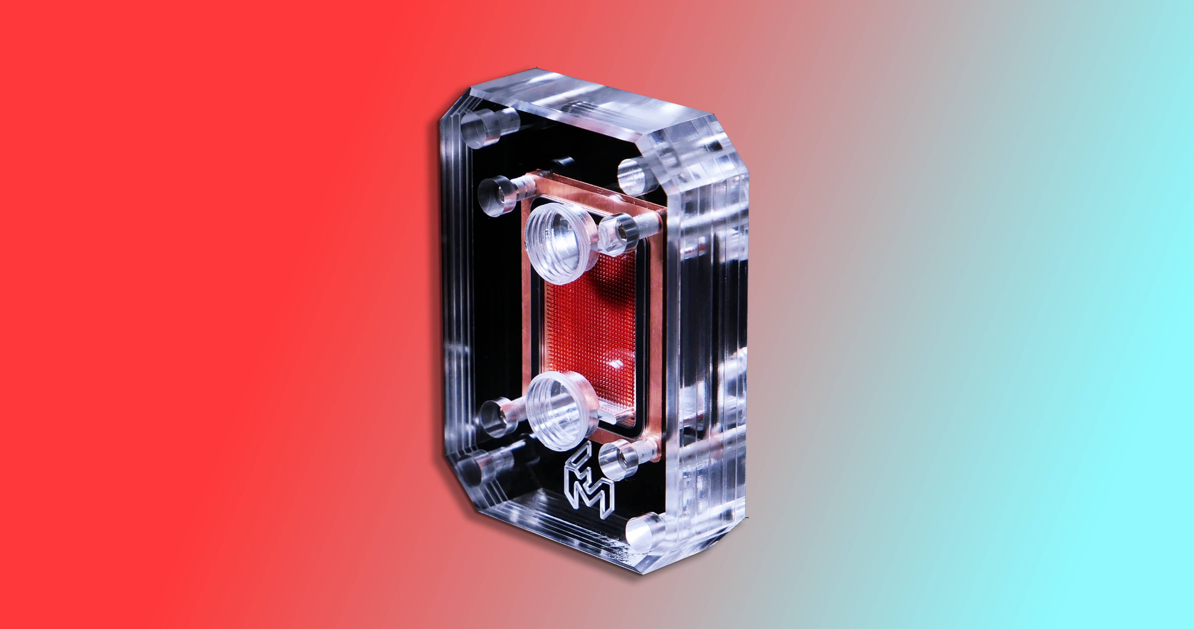 EmCool microfluidic block on a red and blue background