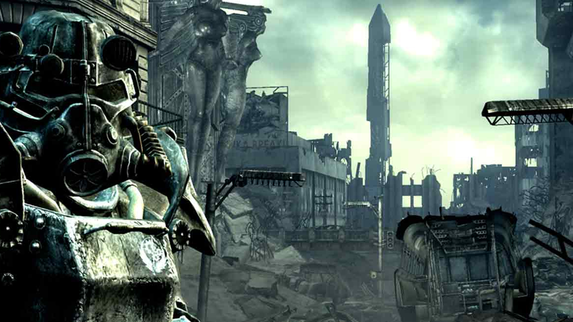 Power armor and the ruined city in Fallout 3.