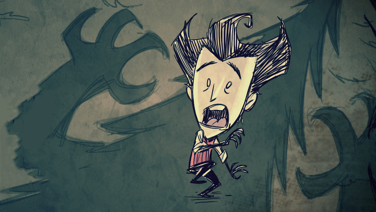 Don't Starve artwork shows protagonist Wilson screaming in terror as a monster approaches