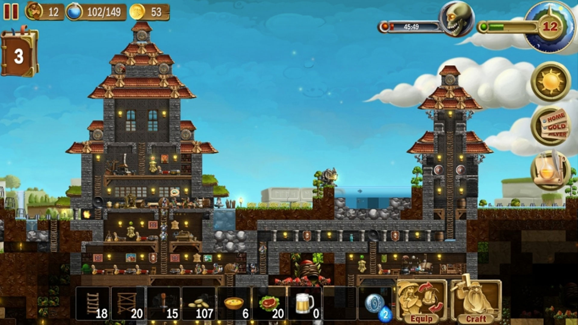 Craft the World screenshot showing a stone tower built into the ground