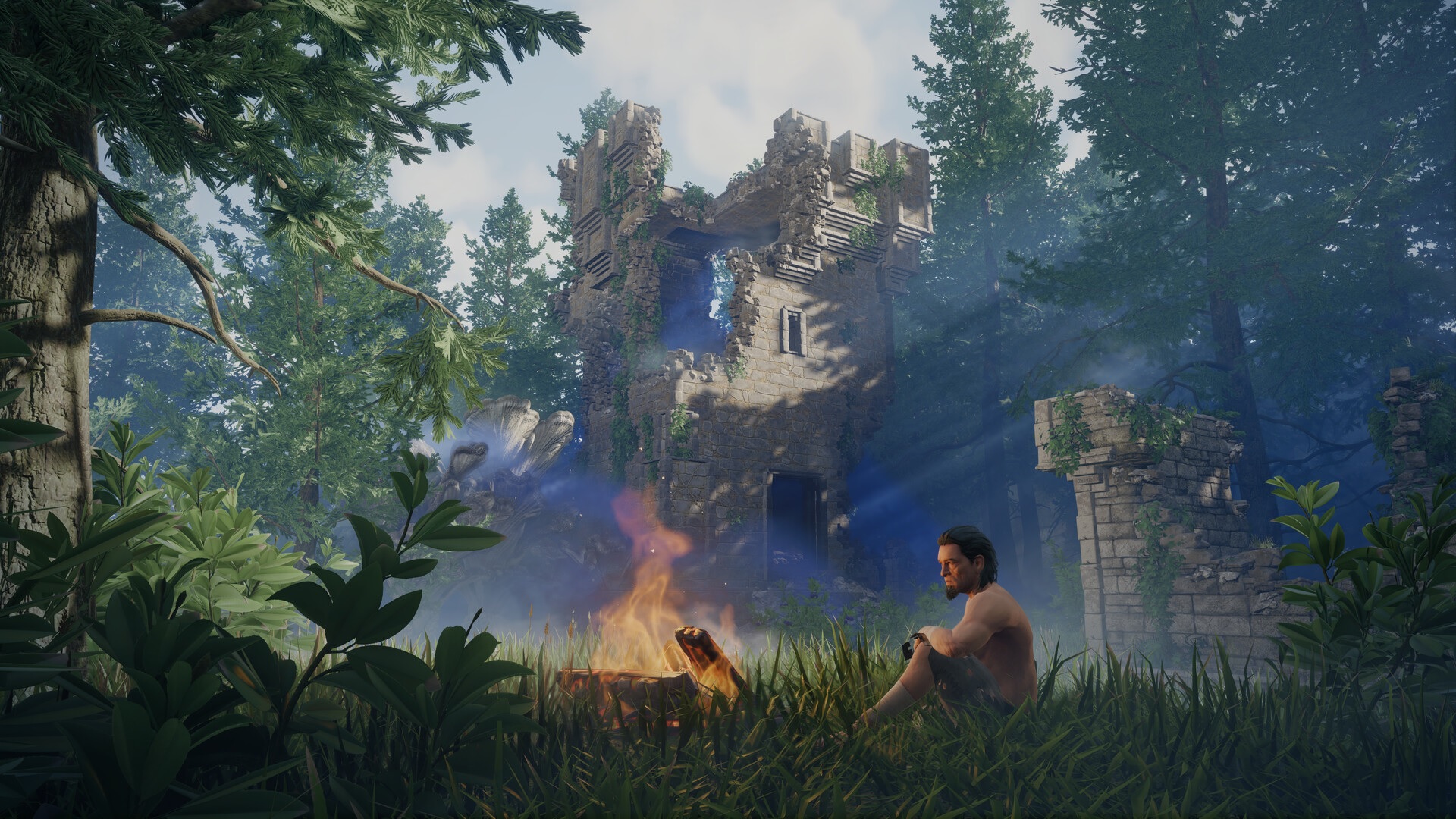 Enshrouded screenshot shows a person sitting by makeshift fire