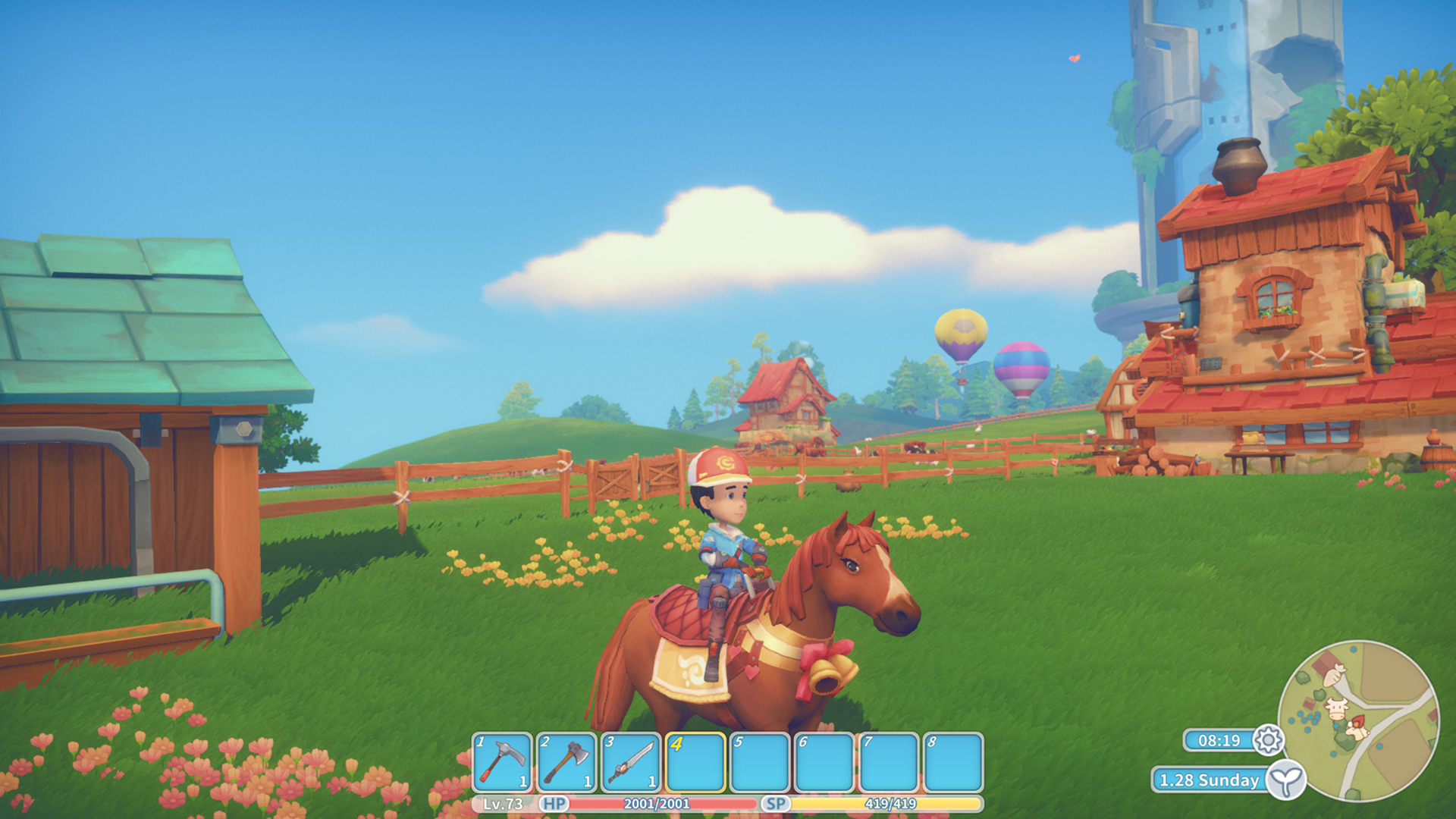 A builder riding a horse during the farming game, My Time at Portia.