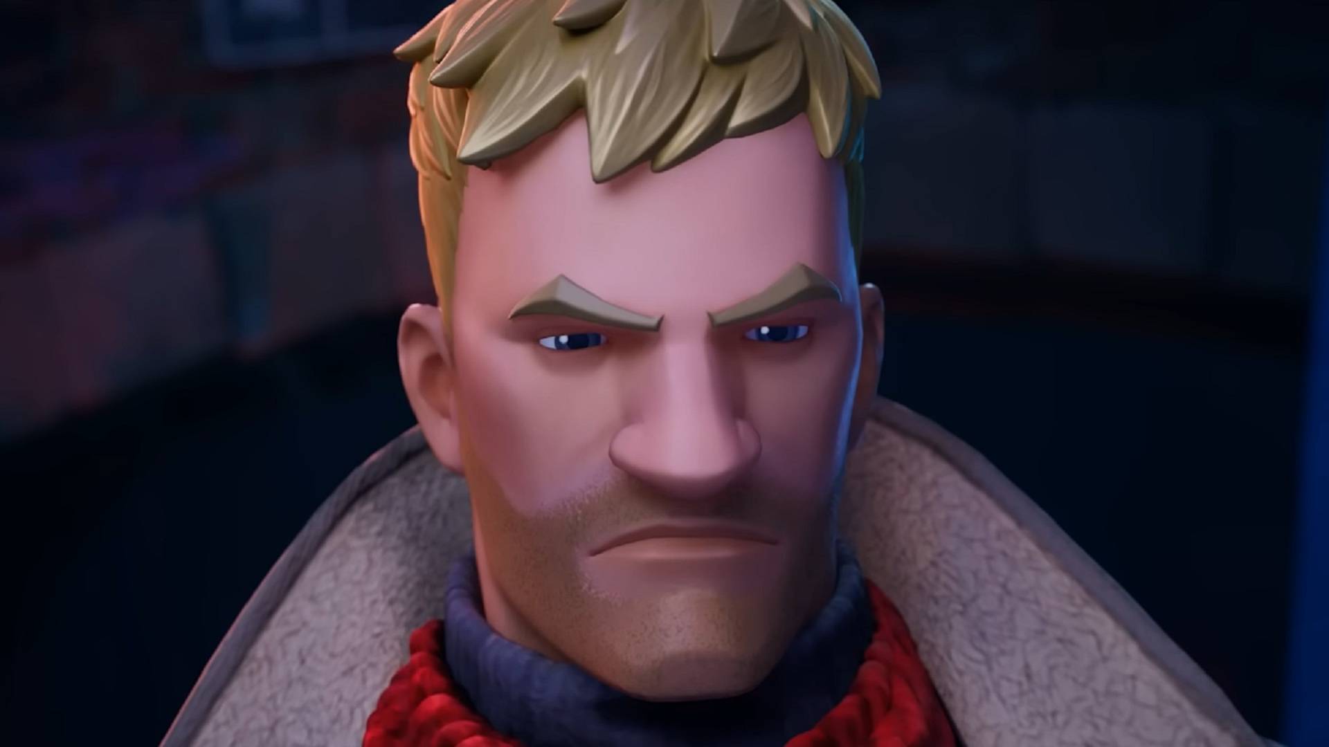 A screenshot of Fortnite's Jonesy looking serious.
