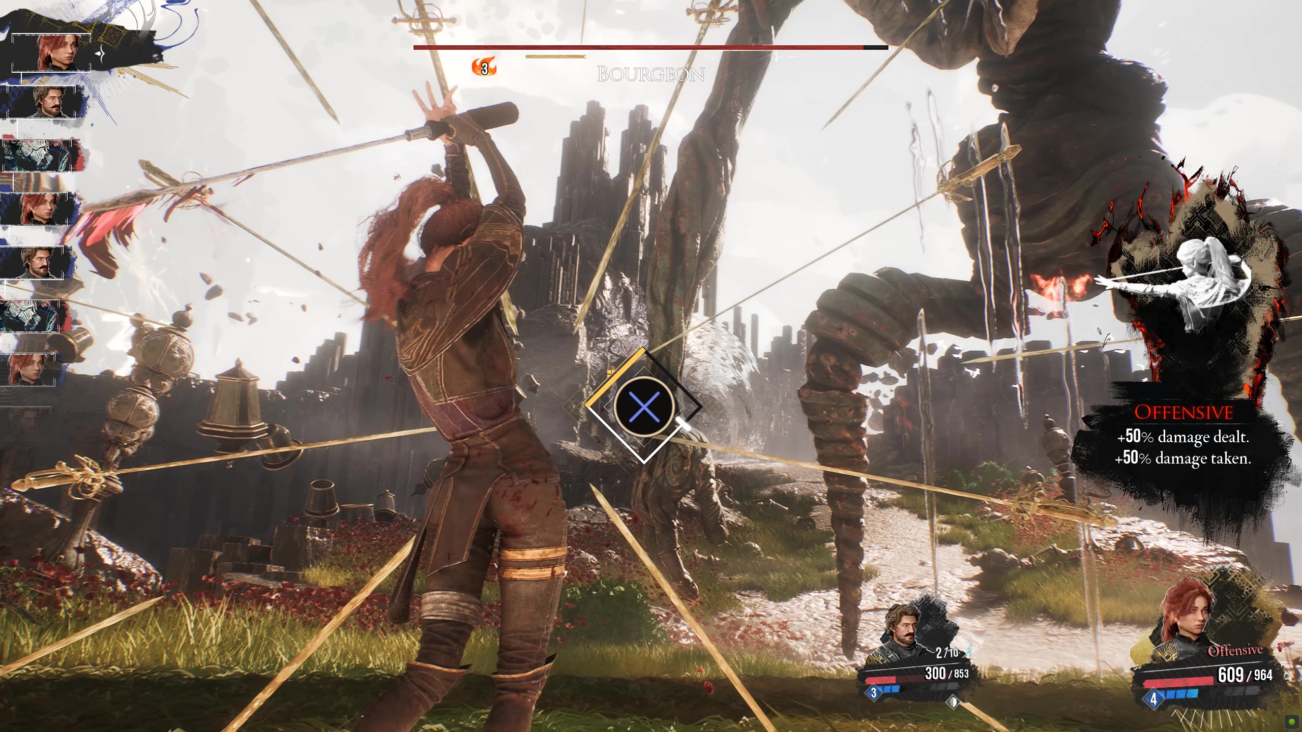 Maelle attacks an enemy so large that you can only see its legs in Clair Obscur: Expedition 33