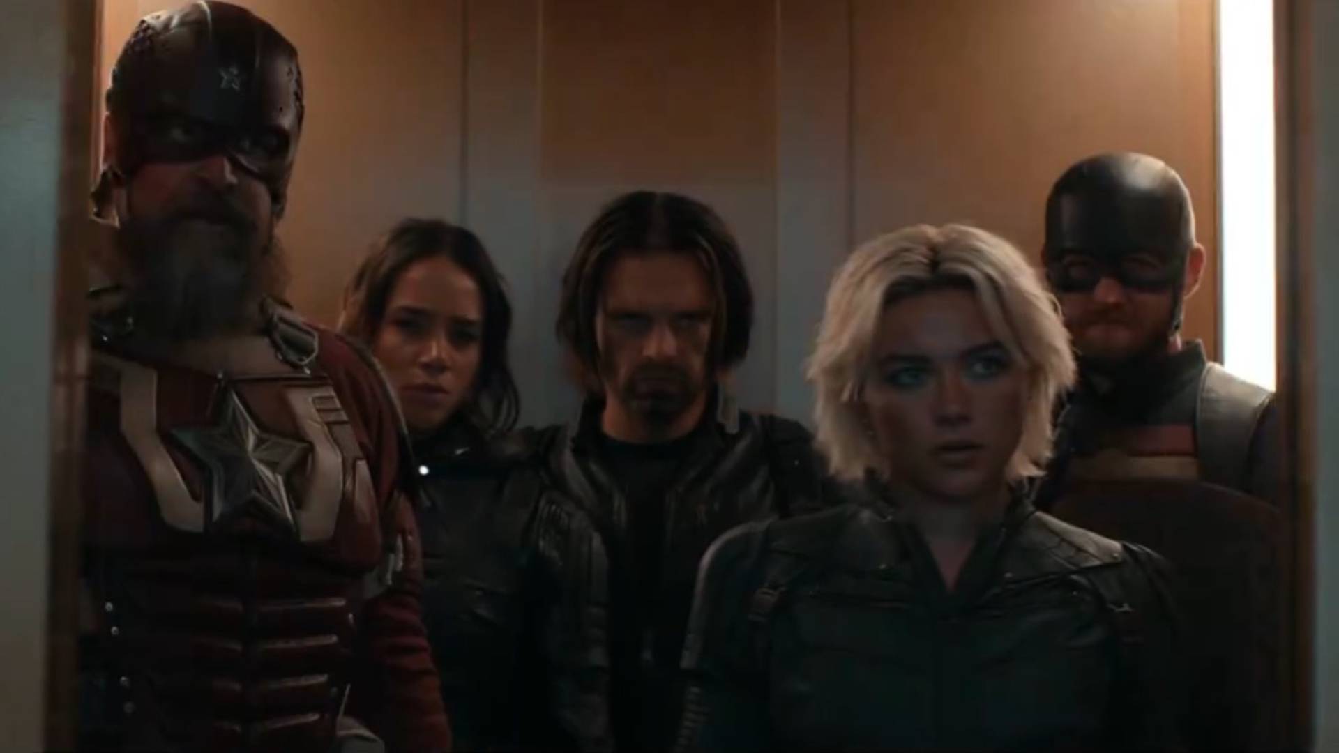 The cast of Thunderbolts standing in an elevator during the trailer for the upcoming Marvel Phase 5 movie.