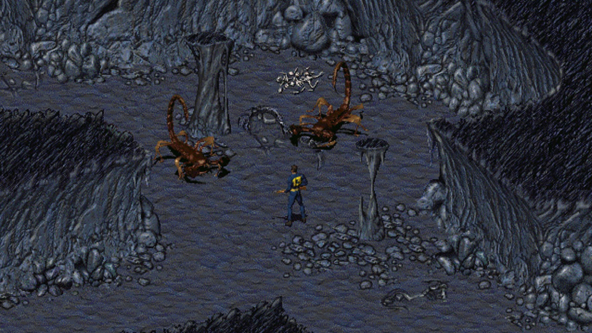 A character facing two Radscorpions during Fallout.