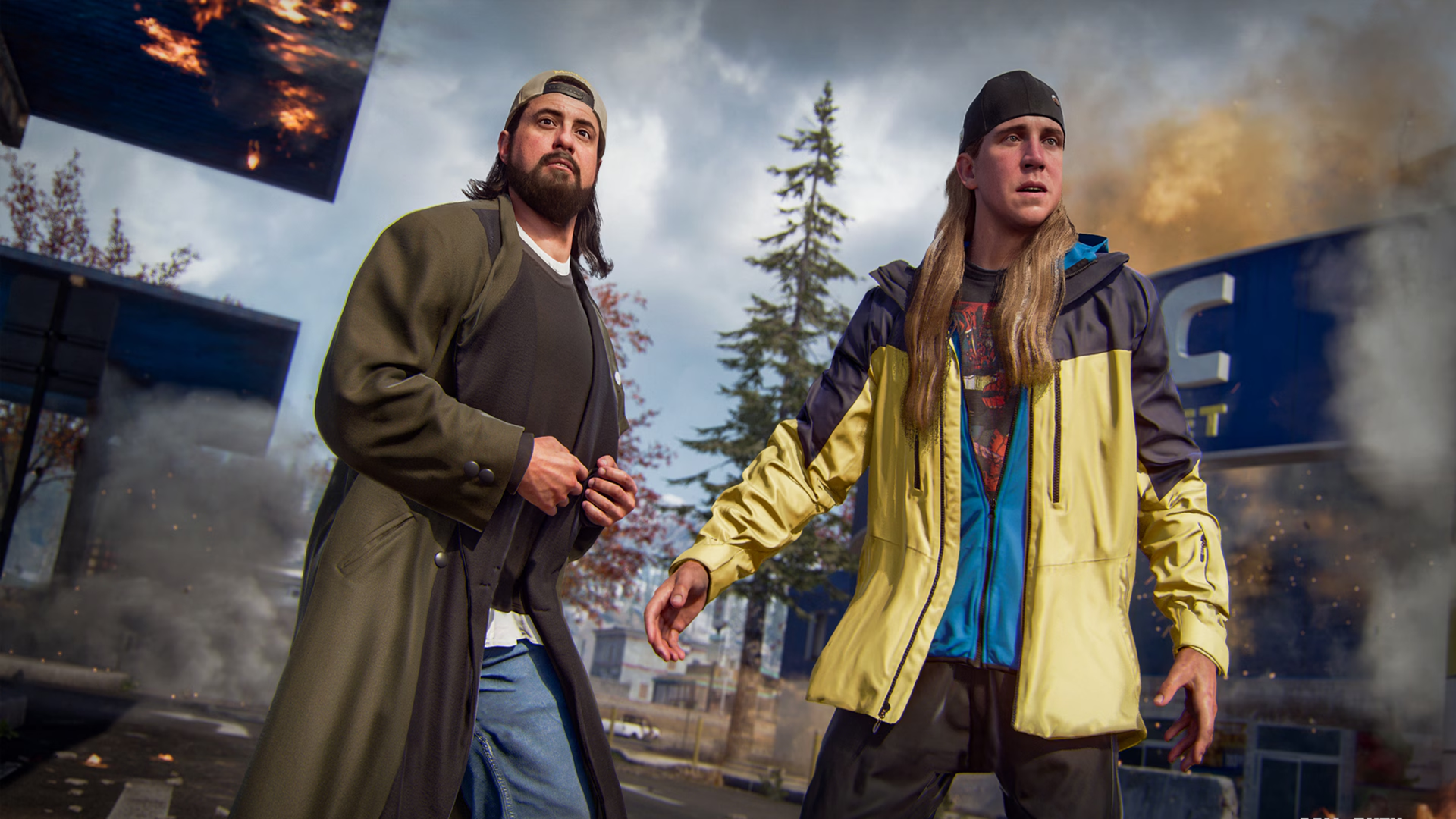 Jay and Silent Bob are rendered in Black Ops 6, standing in a flaming battlefield.