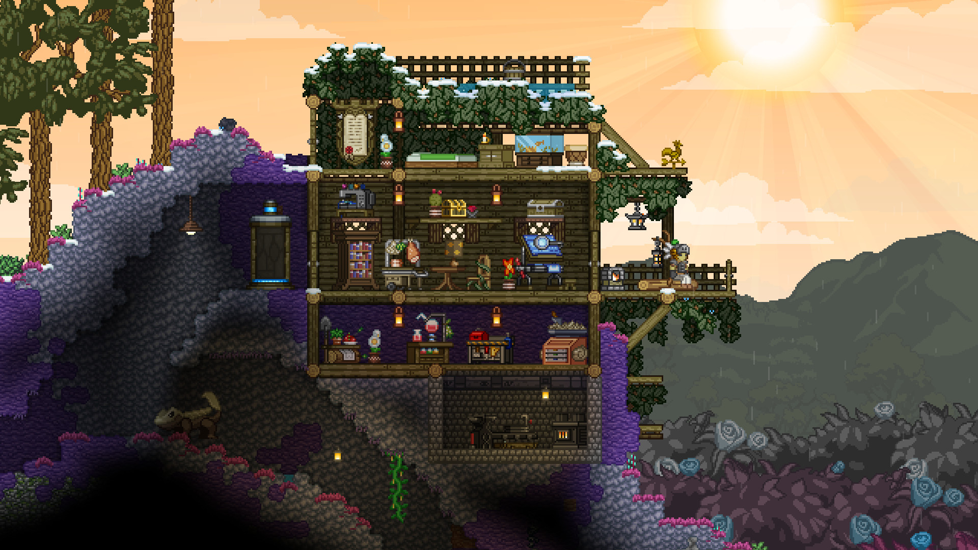 Starbound screenshot shows three stories of a building