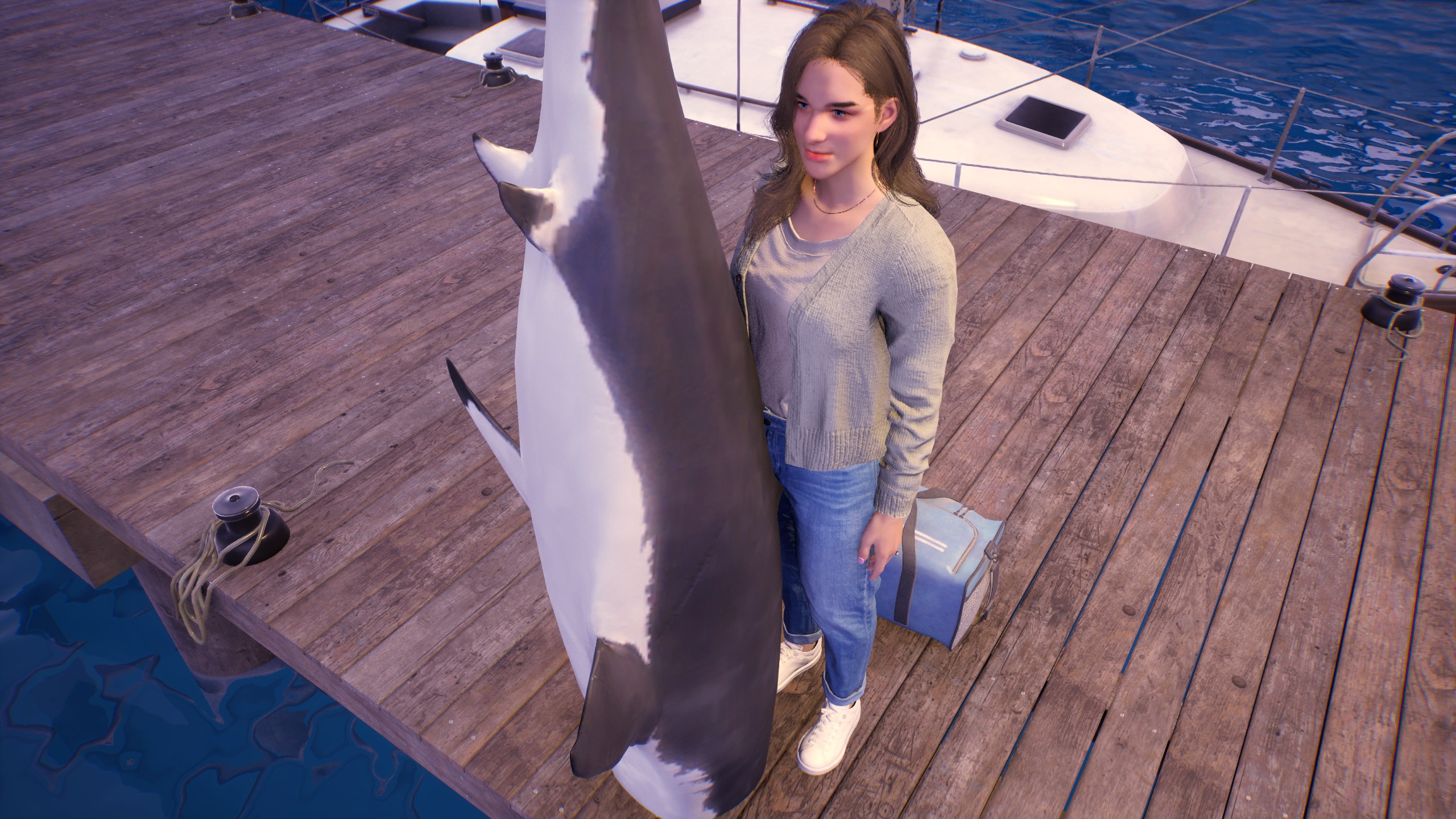 Inzoi - A Zoi stands on a dock holdings a large shark by its tail