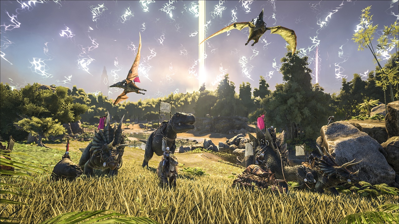 Ark: Survival Evolved screenshot shows various dinosaurs roaming the land and sky
