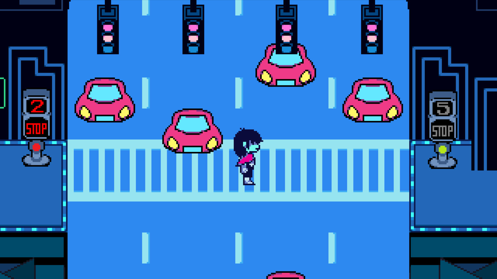 Kris standing on a crosswalk during Deltarune