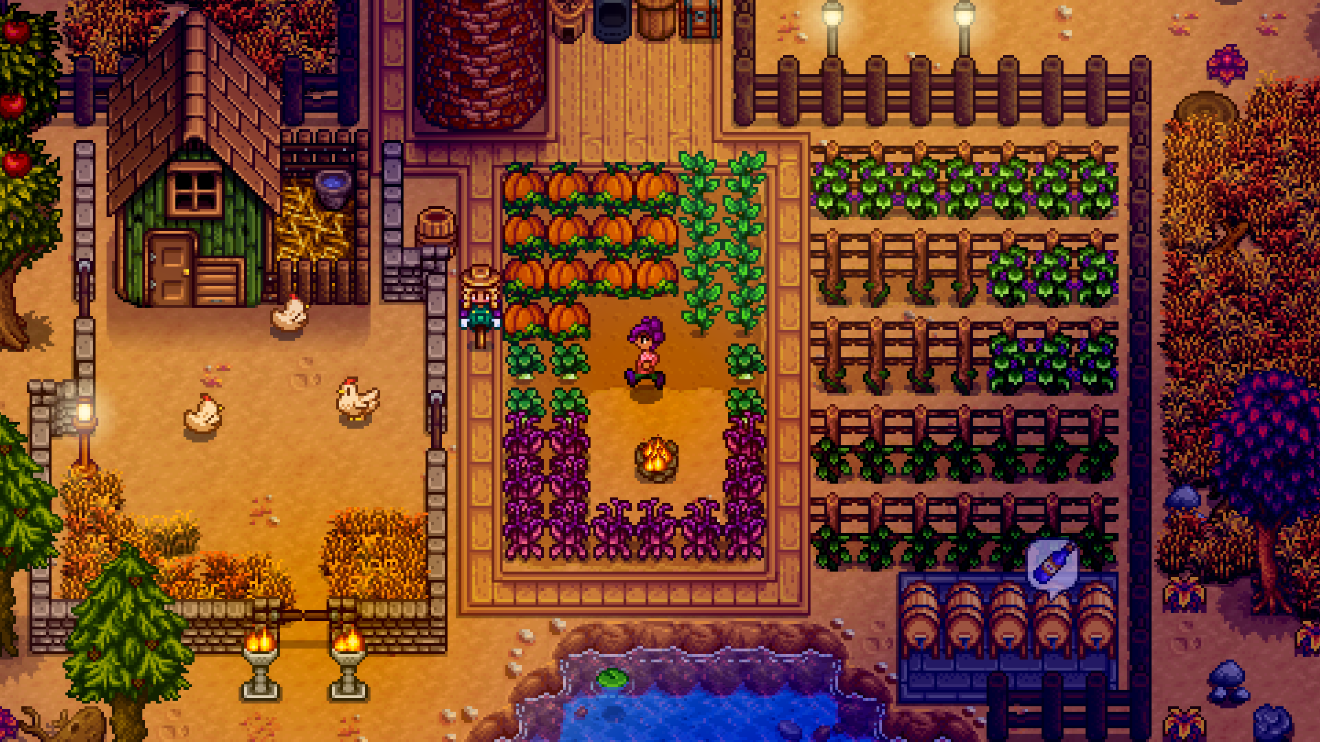 Stardew Valley screenshot shows a farm with lots of crops, three chickens, wine barrels, and light torches that illuminate the night