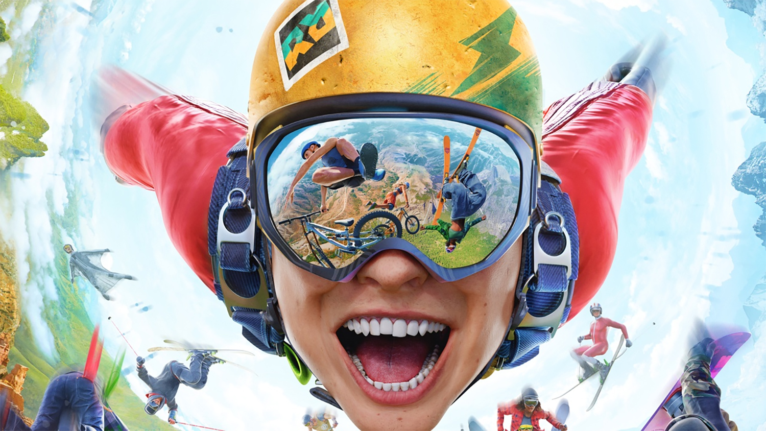 Someone in a wingsuit flying toward camera while people do bike tricks