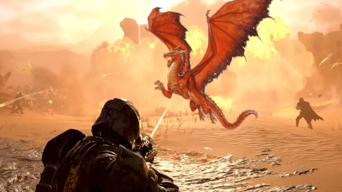 An image of a Helldiver from Helldivers 2 shooting at a red dragon from Dungeons &amp; Dragons.