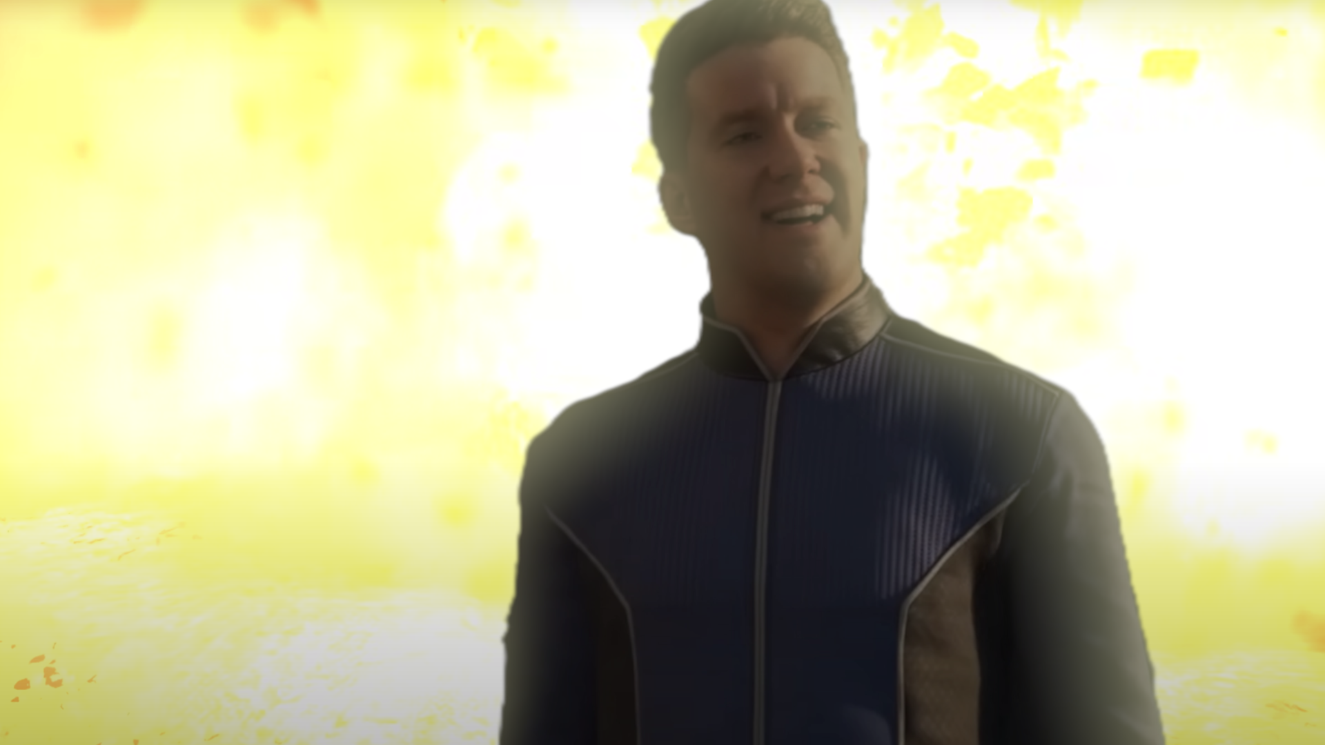 tcbejfzn25svrspjgrdan3-1 The Super Earth Spokesperson in Helldivers 2 looks very confused as a massive explosion rocks the earth behind him.