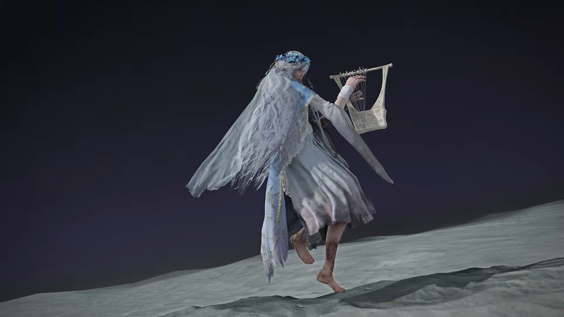 The Revenant in her white veil levitates and strums a harp
