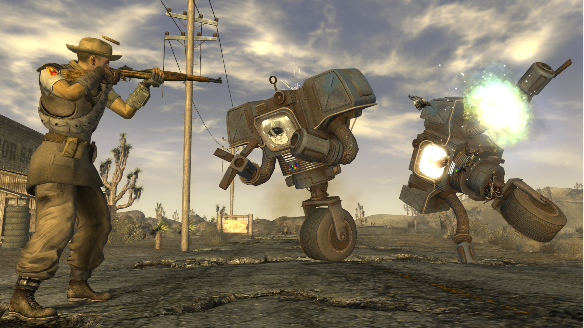 A man shooting two Securitrons during Fallout New Vegas.