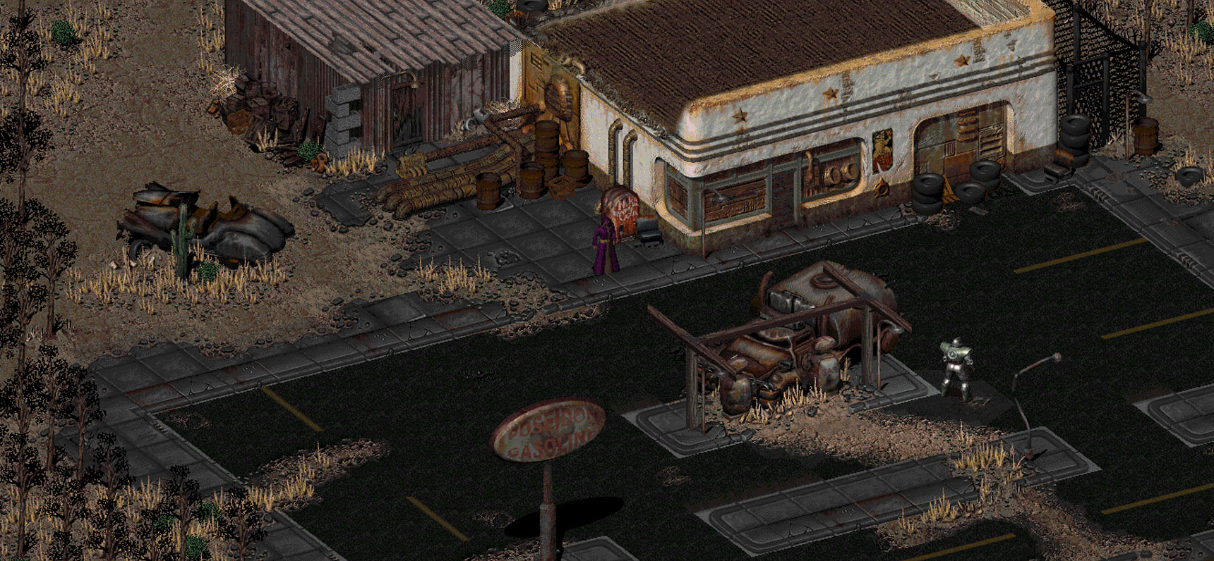 A character exploring an empty town during Fallout 2.