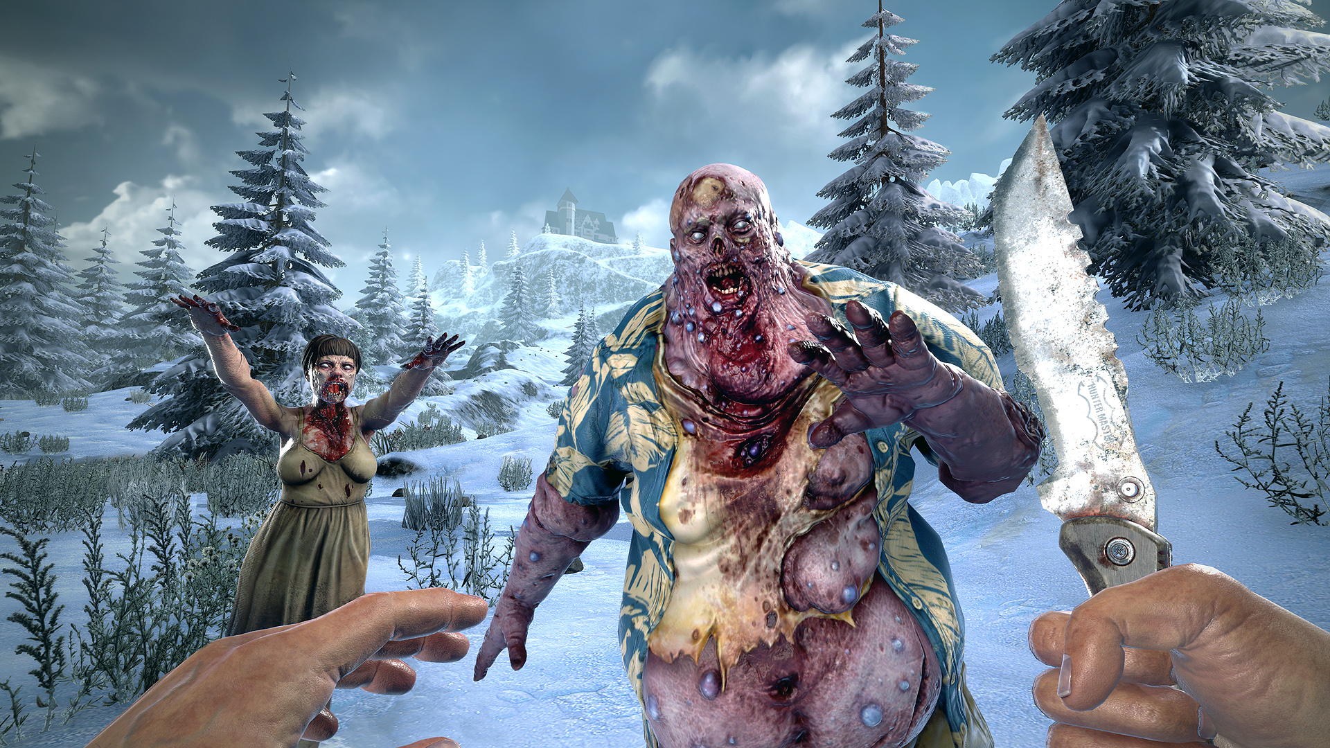 7 Days to Die screenshot shows a large zombie approaching while another walks towards the player with its arms outstretched