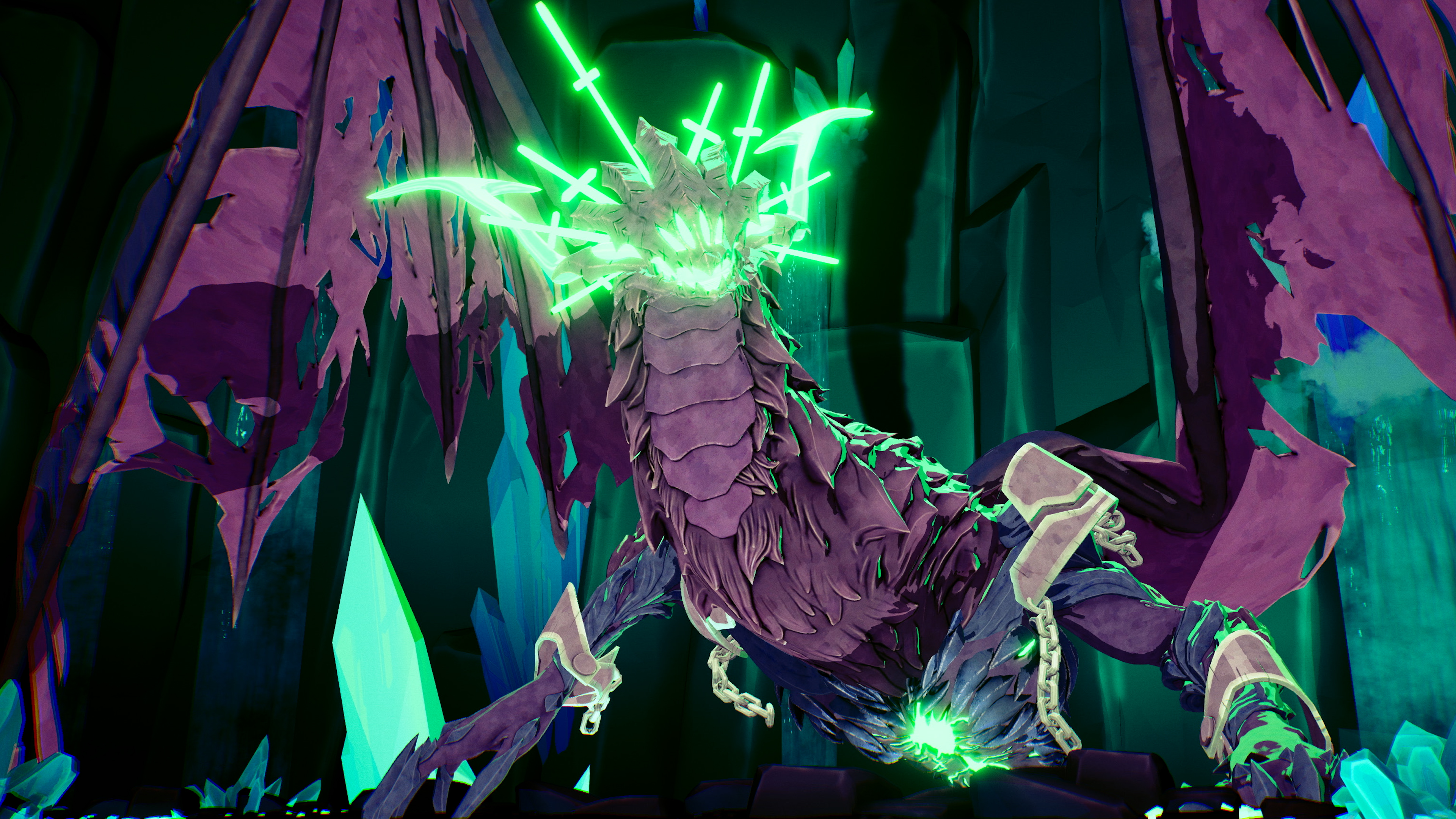 Hyper Light Breaker screenshot of purple and green dragon boss Maw