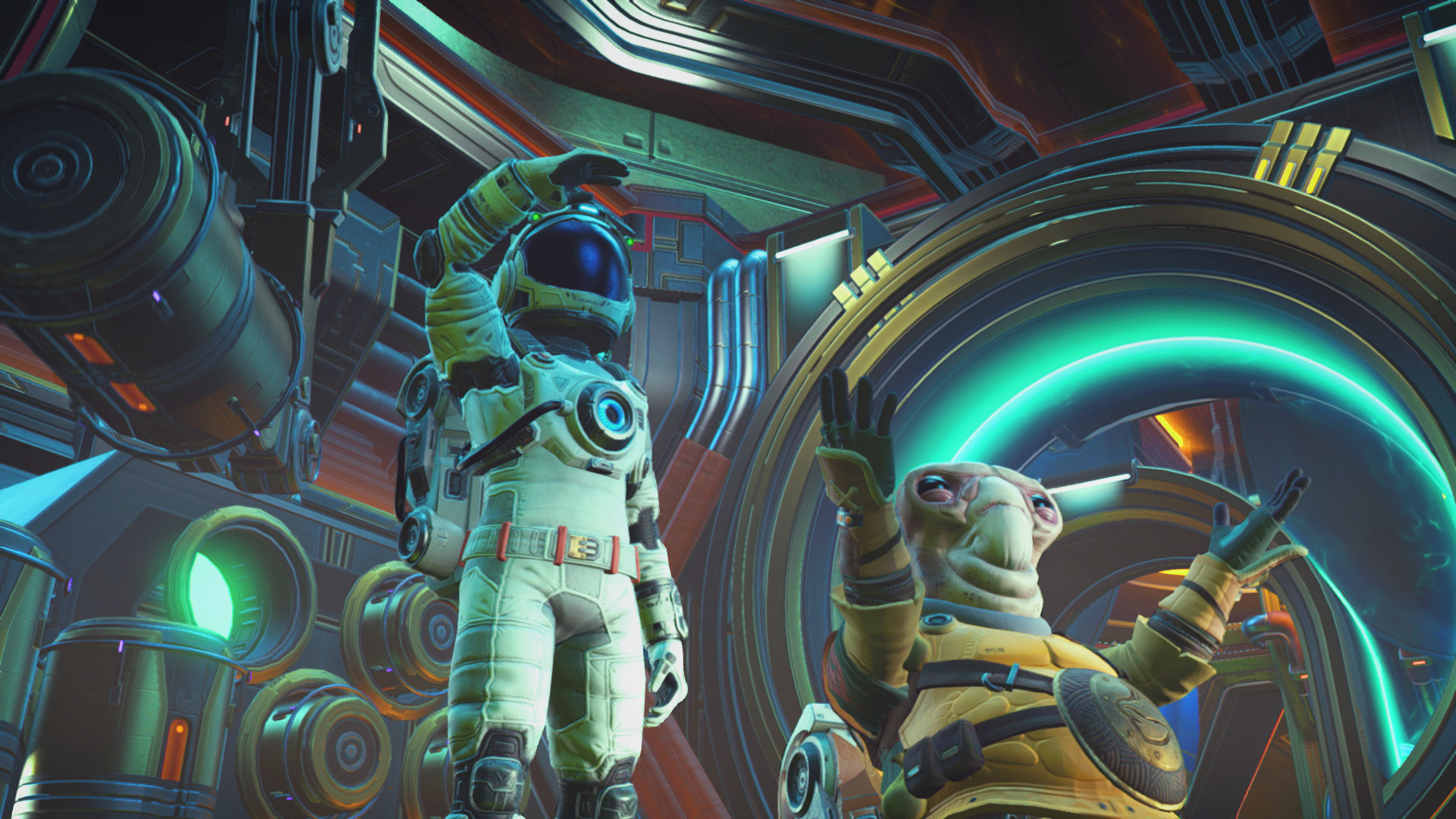 No Man's Sky screenshot shows an astronaut next to an alien looking out from a ship