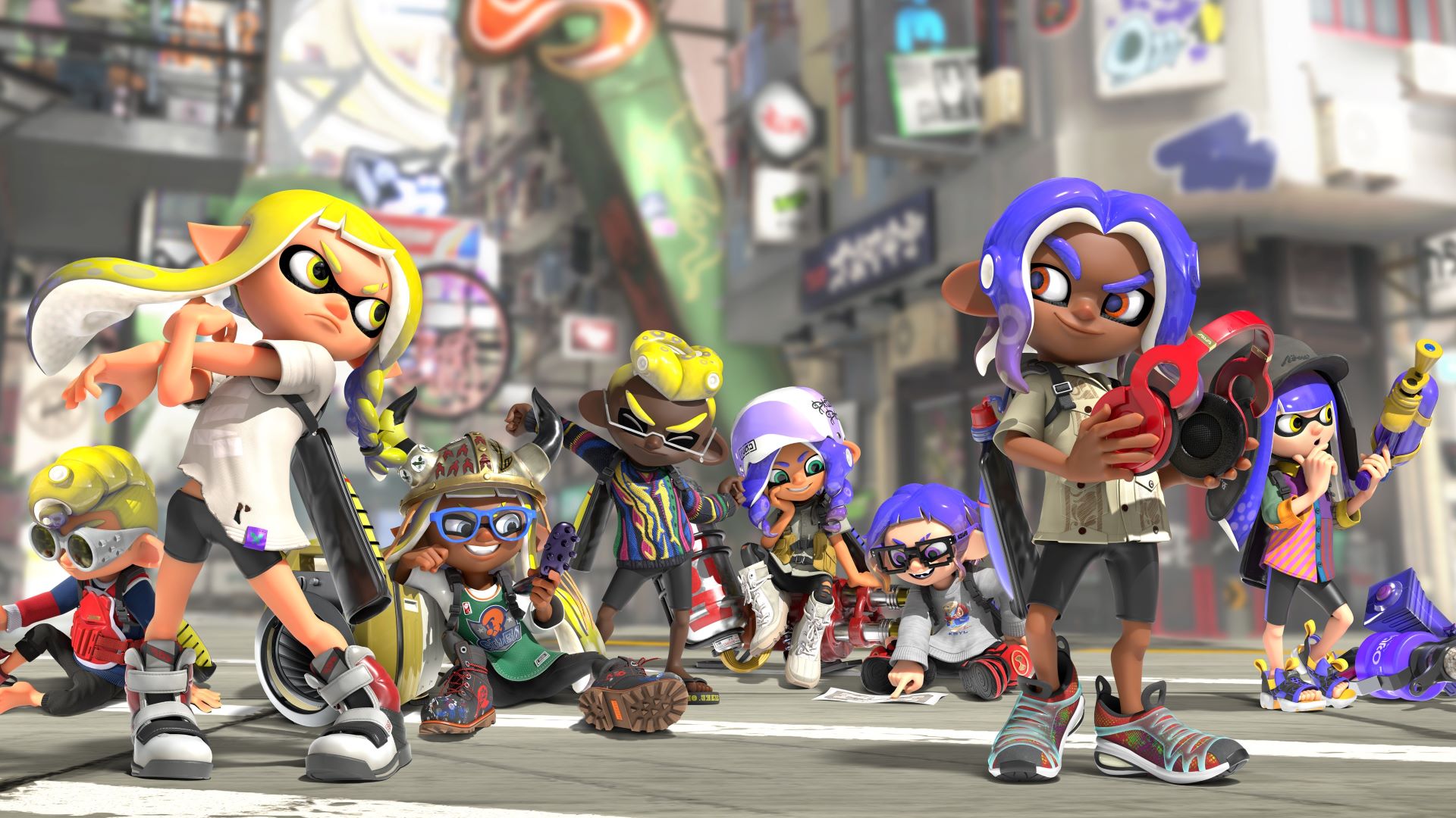 Splatoon 3 screenshot of Inklings and Octolings on two different teams on the street