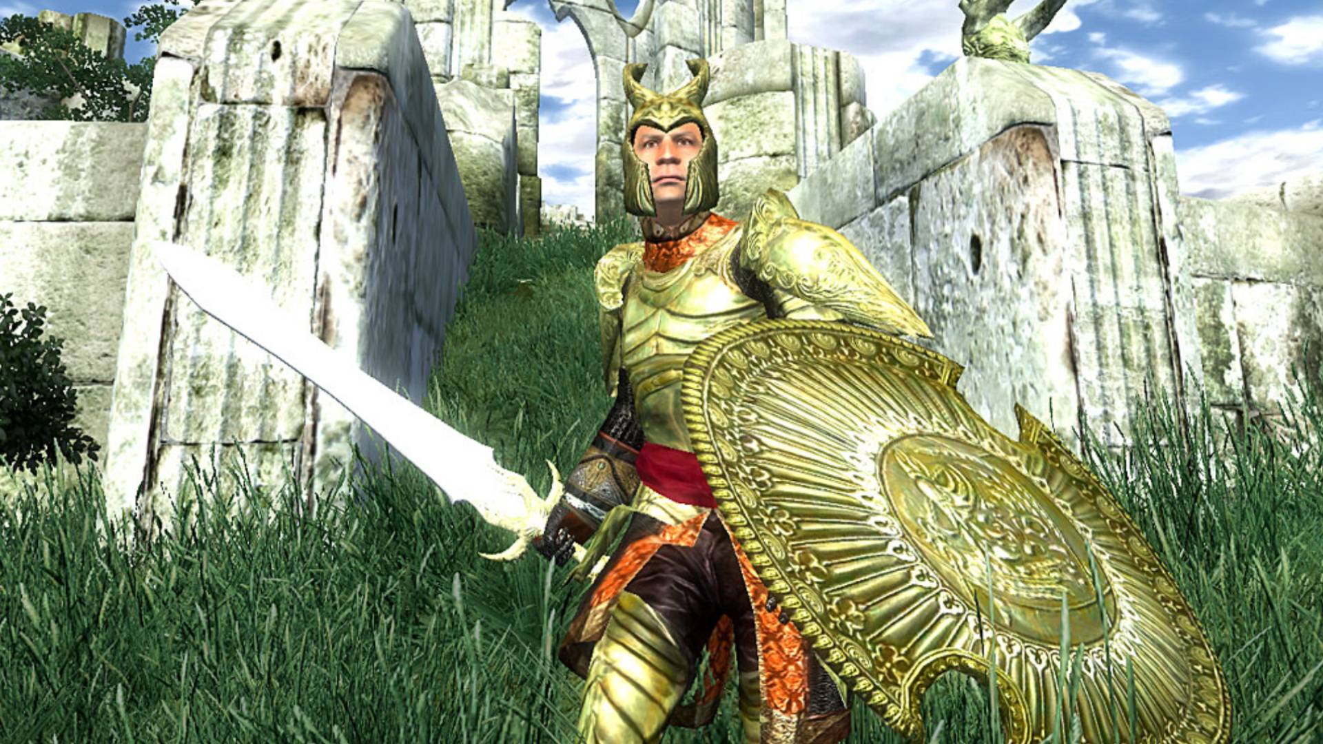 A zoomed-in screenshot of a character in golden armor wielding a sword and shield in The Elder Scrolls 4: Oblivion.