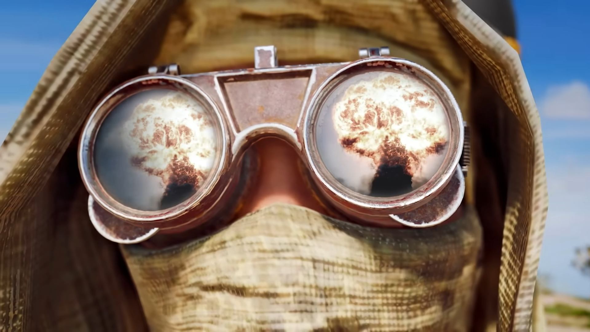 xre7tdfkenj7zxrzlt5raj-1 The reflection of an explosion on someone's glasses.