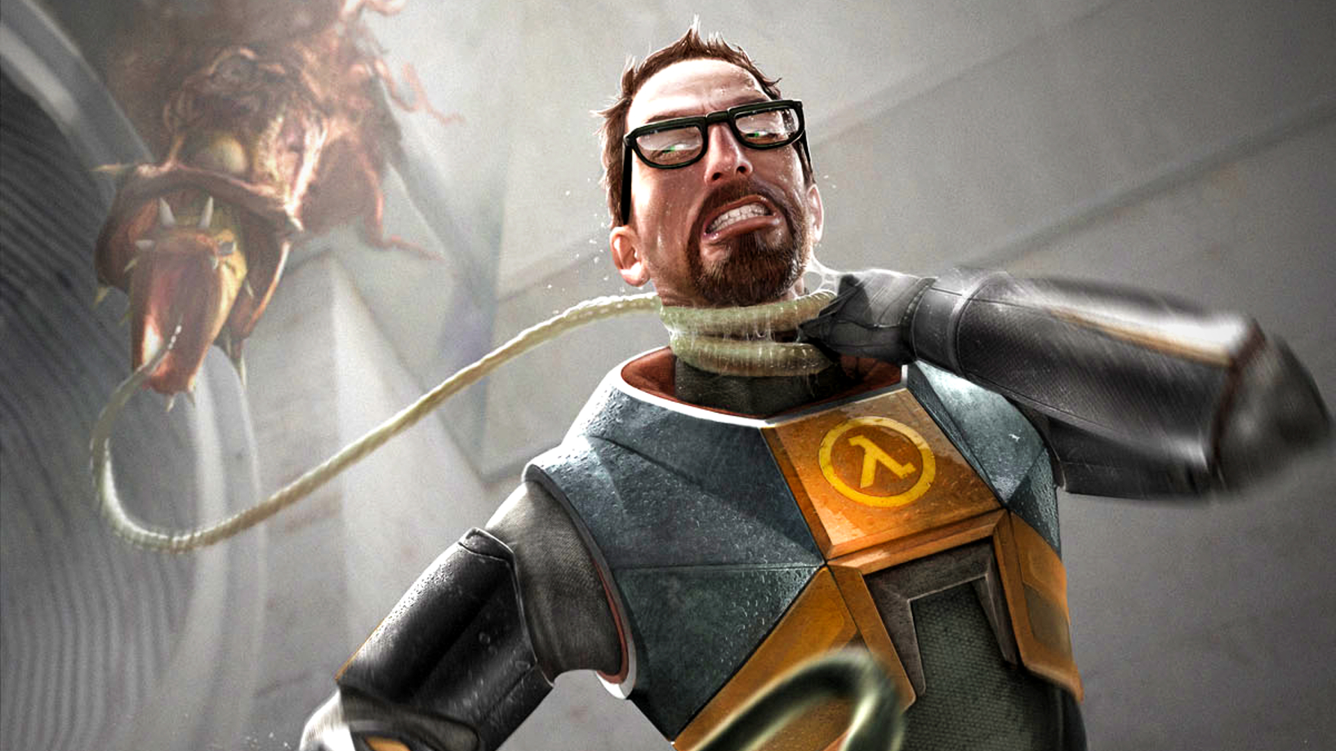 yc2wkouiyd86dutigudy7z-1 Official Half-Life 2 artwork from Valve showing protagonist Gordon Freeman wrangling with an alien creature