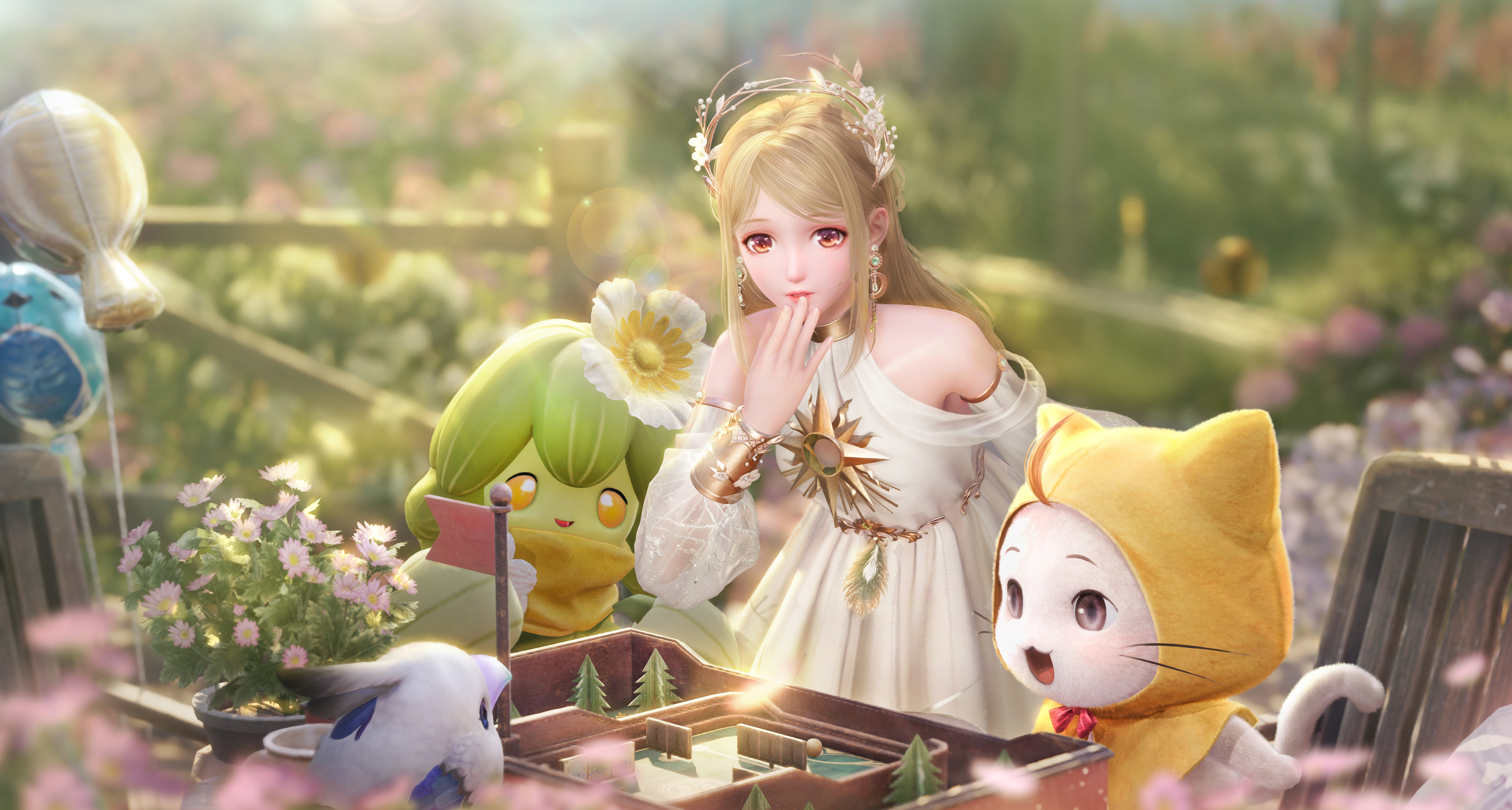 zjsfyadhgjtbddqctbokq9-1 A blonde Nikki observes a miniature game alongside cat Momo.