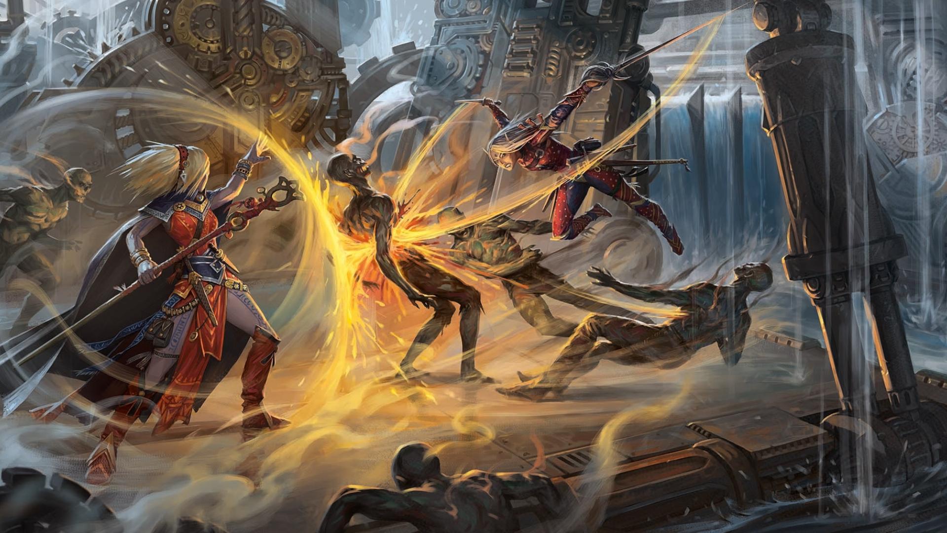 2wahuymwumfvo7u9t8xxcc-1 A dramatic battle occurs in the flooding ruins of an old steampunk facility in Pathfinder 2e.
