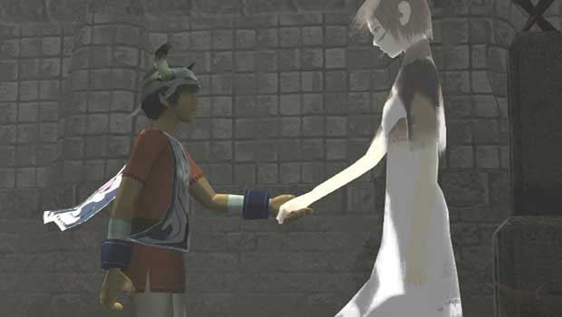 Yorda and Ico holding hands during the feel good game, Ico.