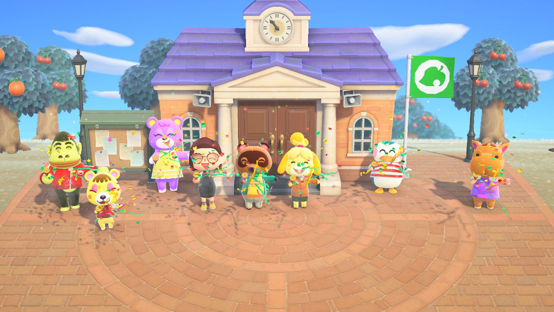 A screenshot of villagers celebrating the opening of the Town Hall during the feel good game, Animal Crossing: New Horizons.