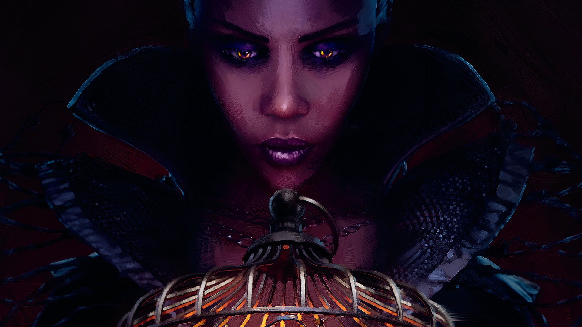 Vampire woman overlooking darkened cage from cover of Bloodlines 2 artbook.